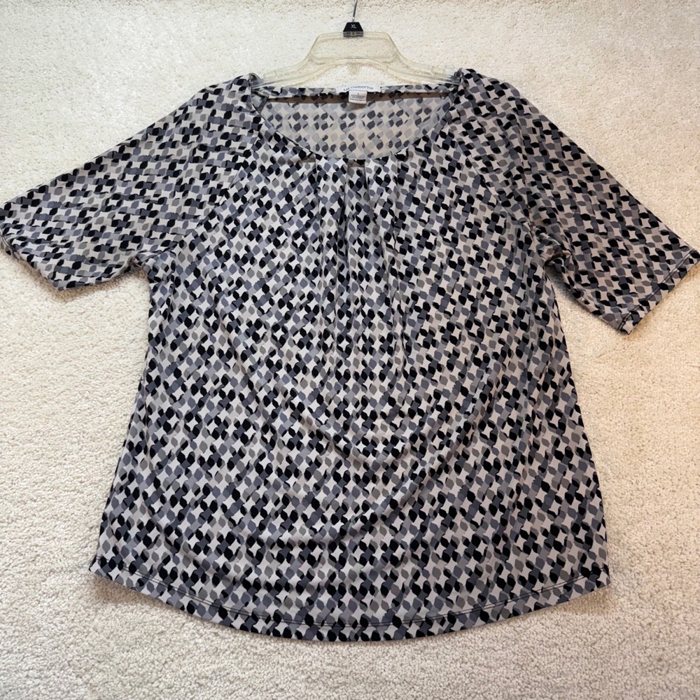 Liz Claiborne Womens Geometric Diamond Print Scoop Neck Blouse Grey Size L